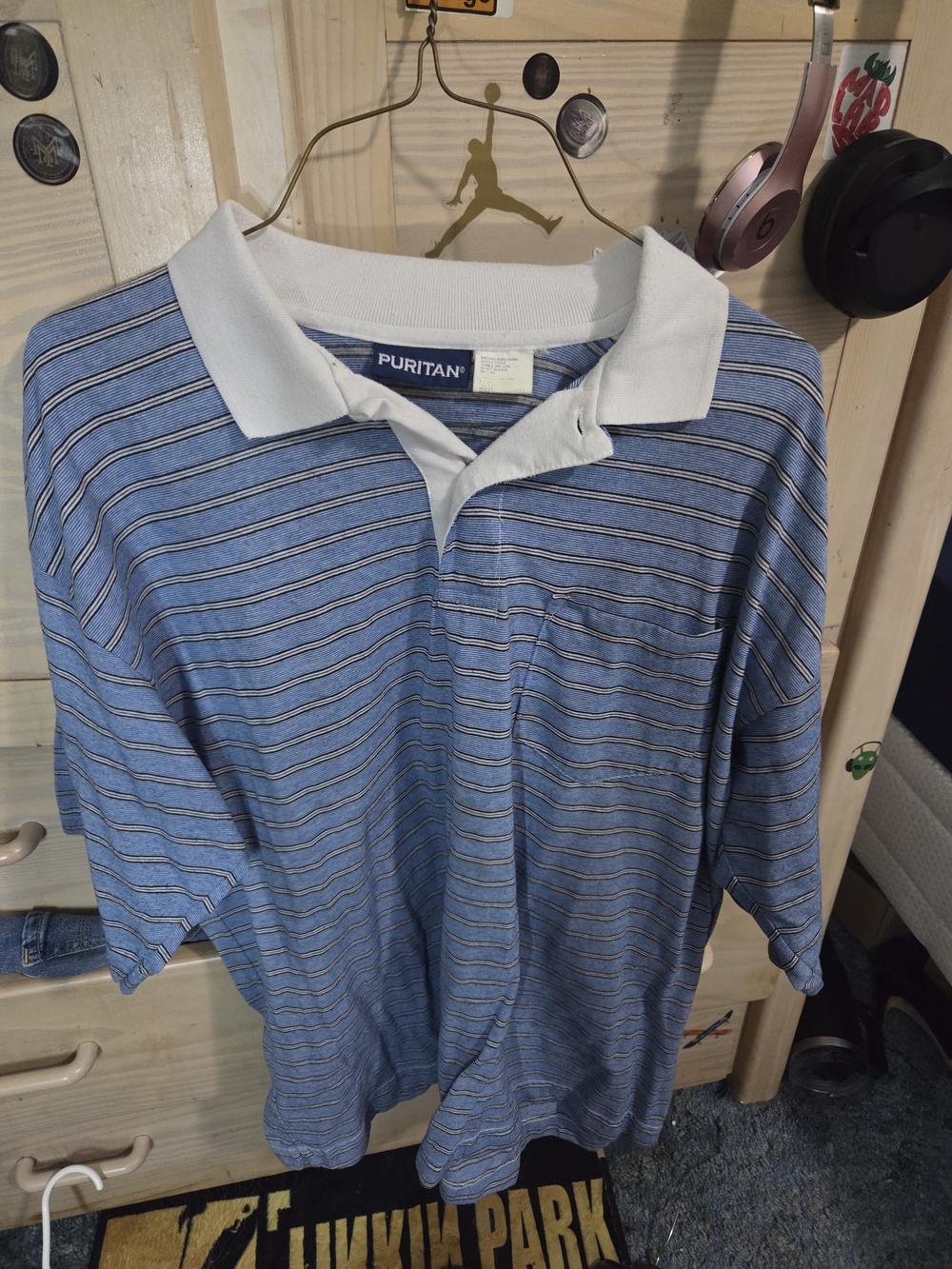 Puritan Men's Blue Stripe Polo Shirt with White Collar